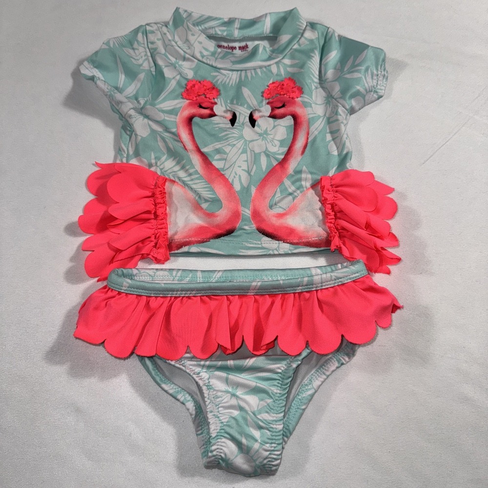 Penelope‎ Mack Toddler Girls Flamingo 3D Ruffle Rashguard 2 Piece Size 3T